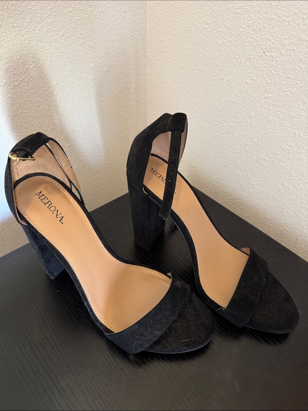 Merona Black Suede Ankle Strap Block Heels